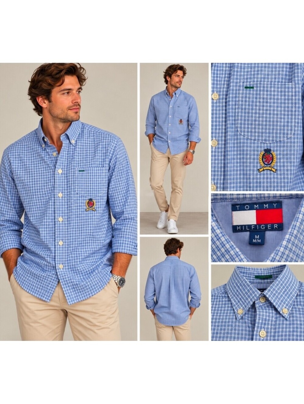 Vintage Tommy Hilfiger Mens M Blue Plaid Check Button Down Shirt Crest Logo